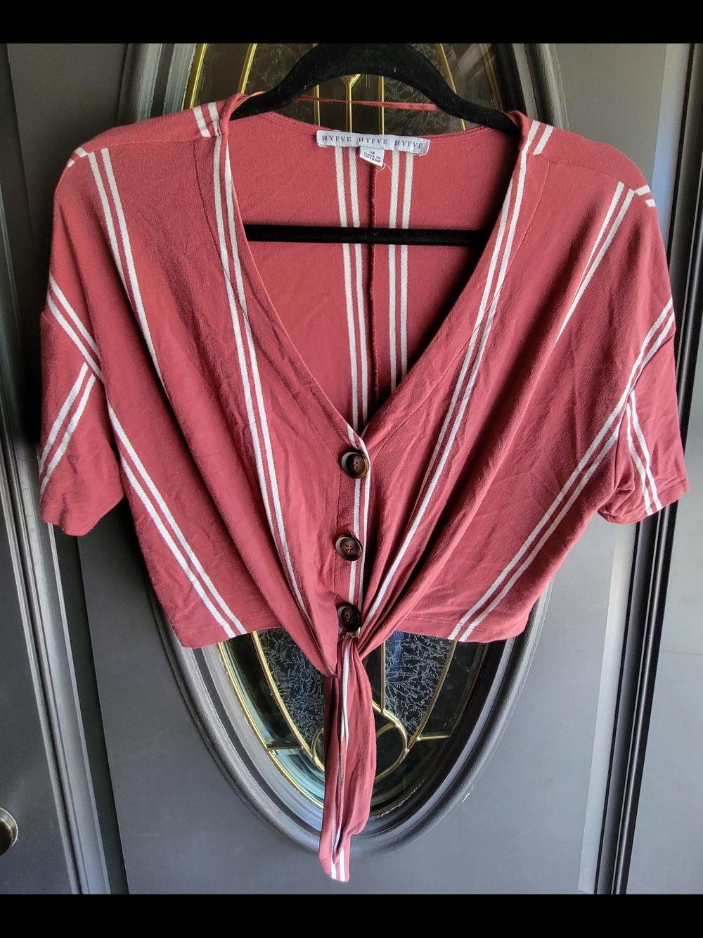 HYFVE Rose Red Striped Front-Tie V-Neck Crop Top size medium